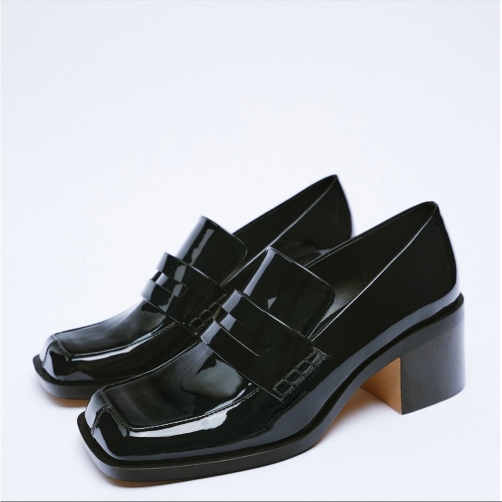 Zara Black Patent Heeled Loafers